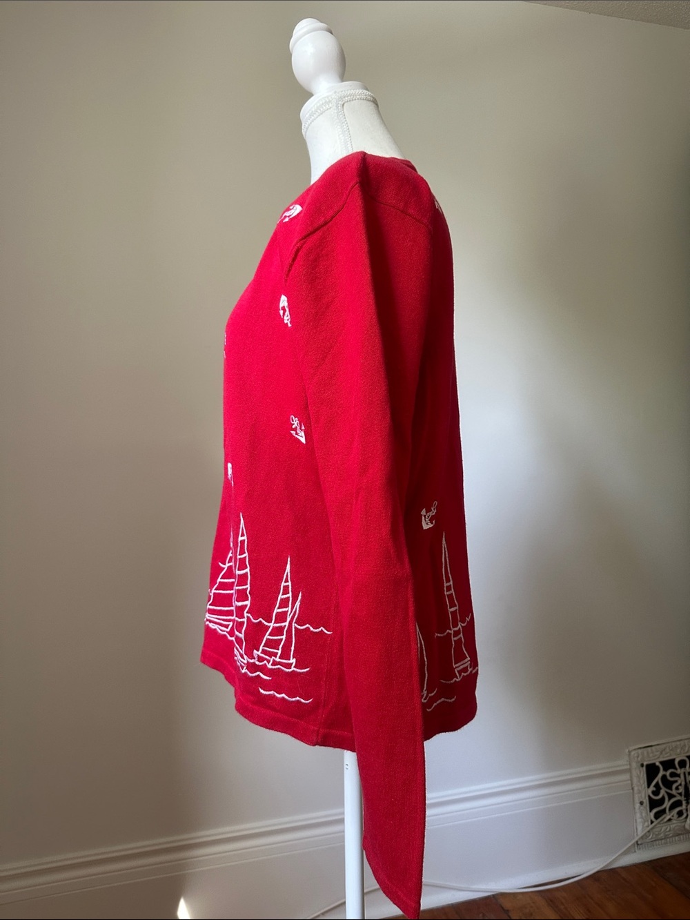 PBJ SPORT Vintage Red Cotton Nautical Sailboat Anchor Theme Cardigan Medium - Picture 2 of 5
